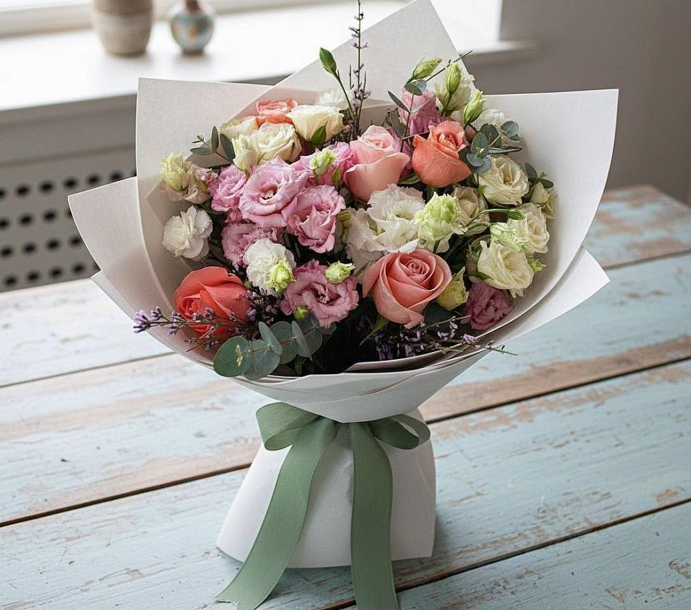 Букет цветов из: Розы, Лизиантусы и Гвоздики в Палехе